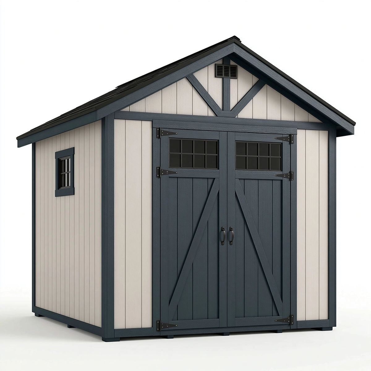 Abri de jardin 240 x 180 x 220 cm en résine beige et anthracite à double porte style grange