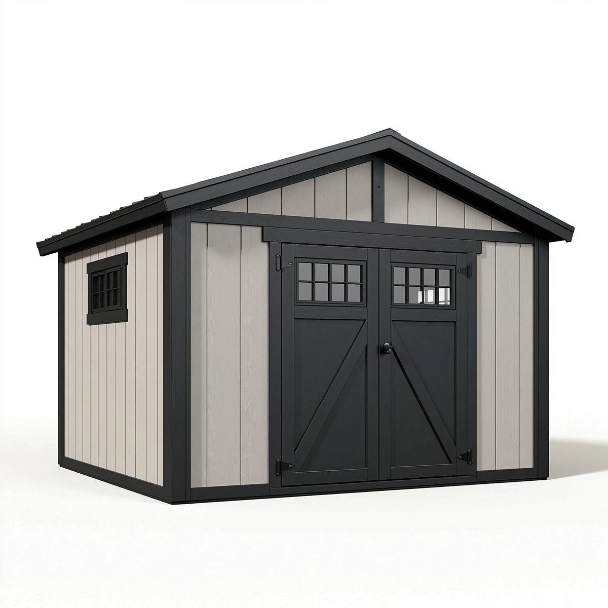 Abri de jardin 213 x 132 x 190 cm en résine gris clair noir avec double porte style contemporain