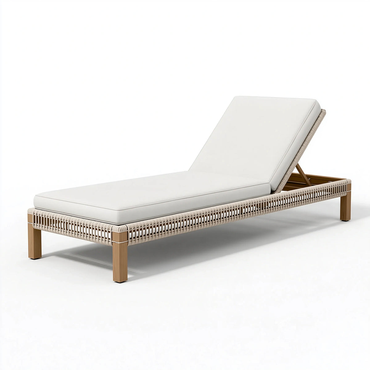 Bain de soleil 200 x 70 cm en bois brun et corde tressée beige avec dossier réglable pour extérieur