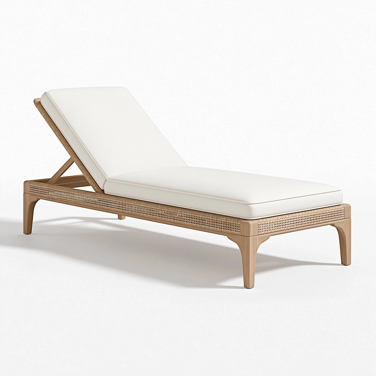 Chaise longue extérieure 200 cm en bois et cannage beige avec coussin blanc style contemporain