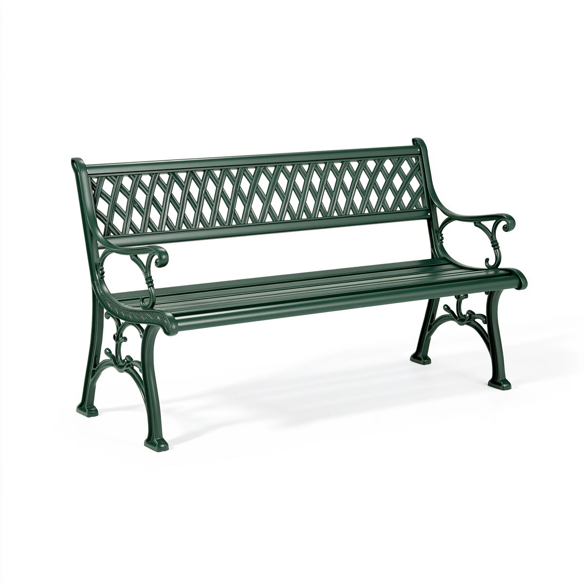 Banc de jardin 150 cm en métal vert foncé style classique à dossier ajouré